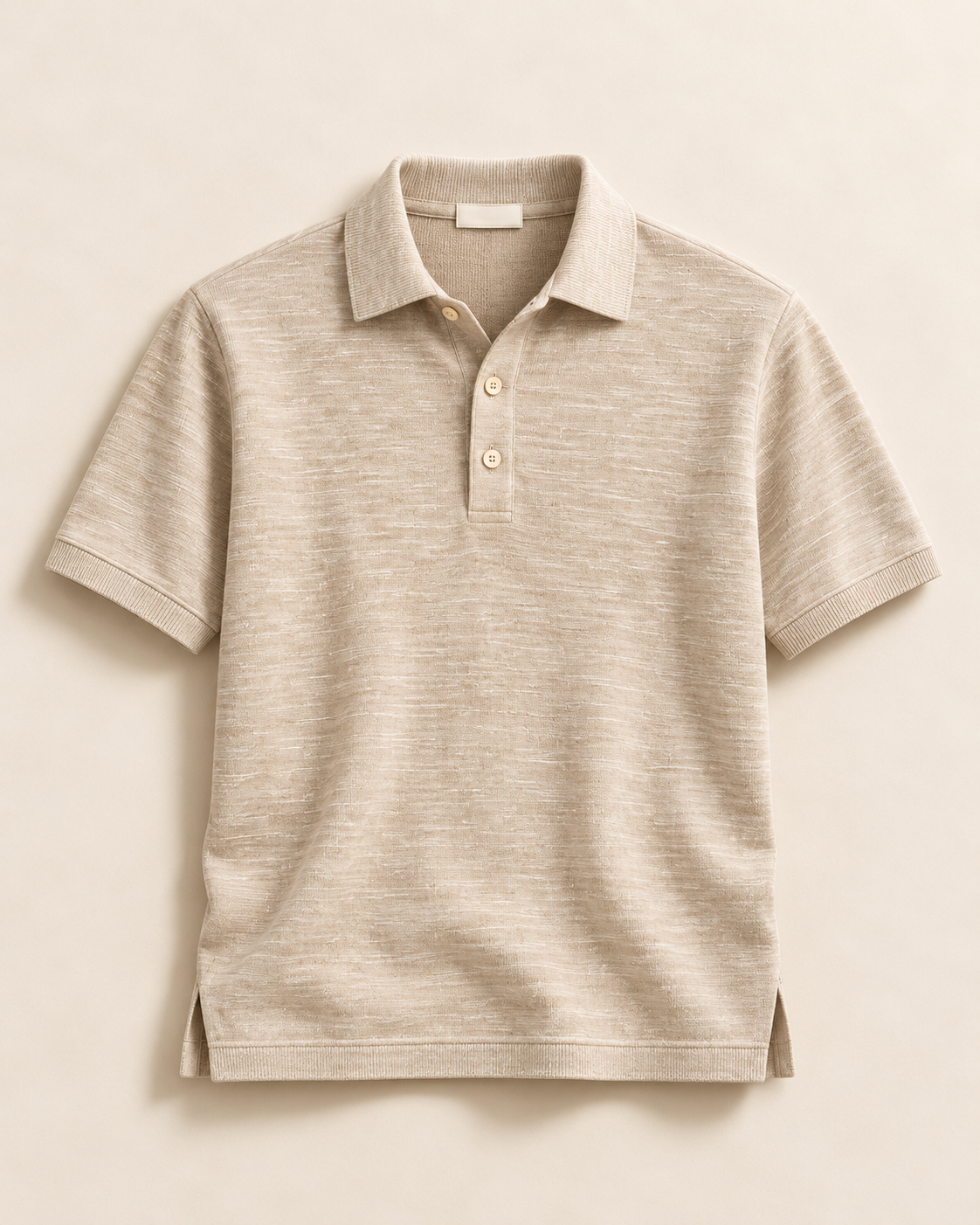 Loredan (E03), polo beige melange con apertura a bottoni; capo intero con maniche e fondo visibili.