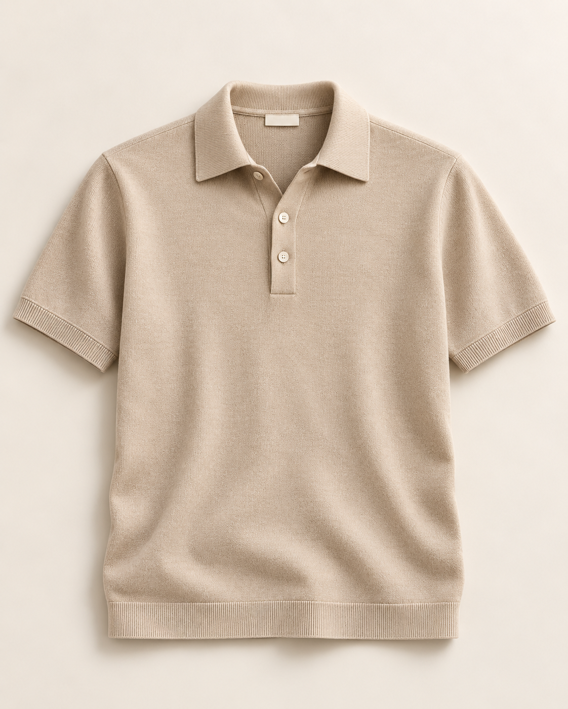 Vendramin (S02), polo beige con apertura a bottoni; capo intero con maniche e fondo visibili.