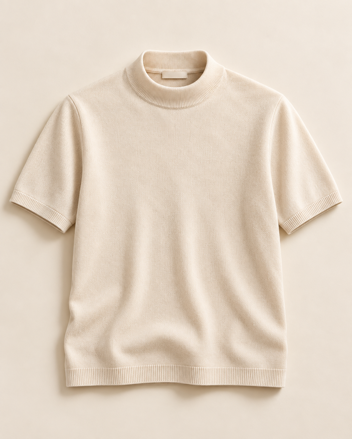 Giustinian (S04), maglia avorio con collo basso e finiture a coste; capo intero con maniche e fondo visibili.