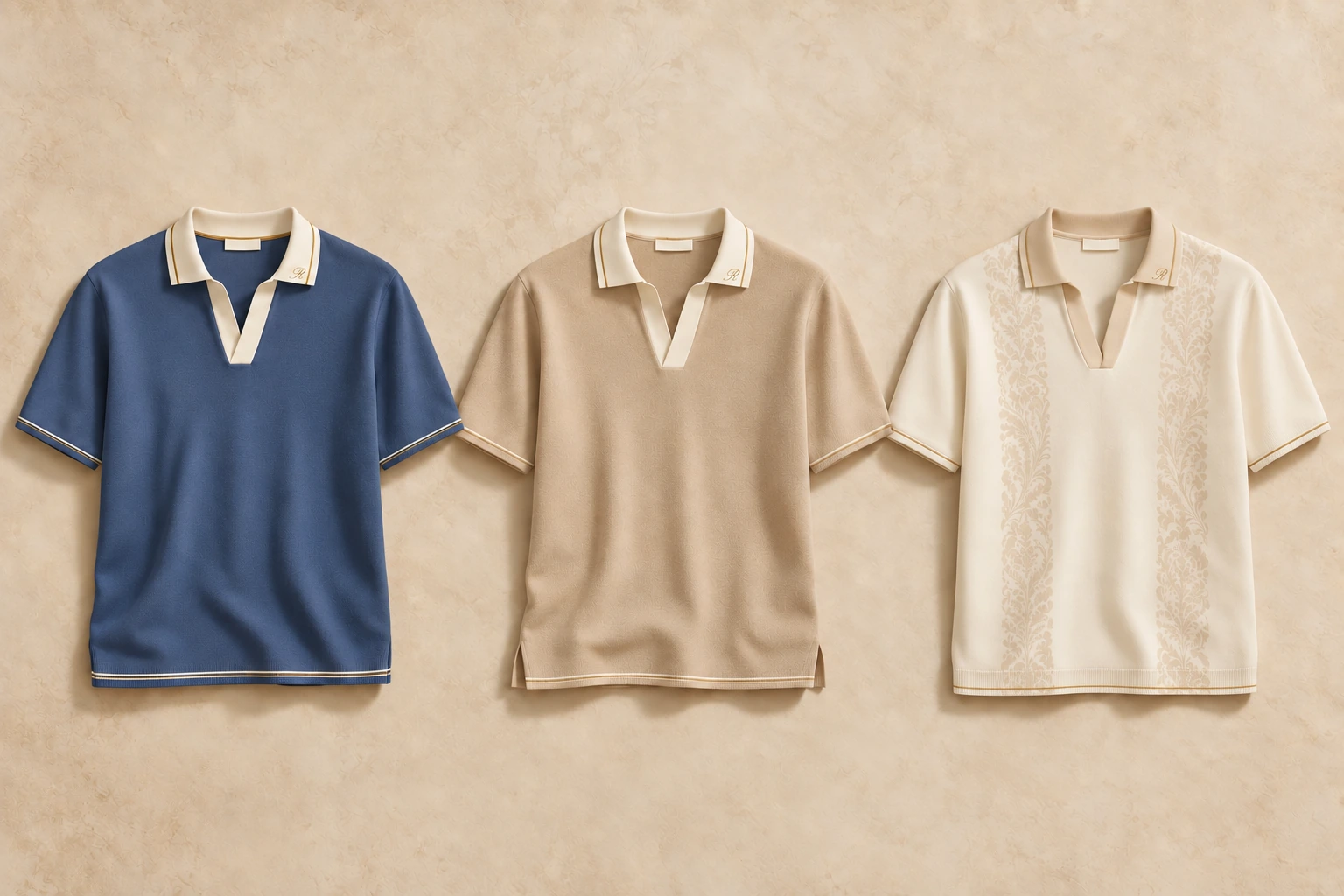 Tavola Lucrezia completa: tre interpretazioni della polo in blu, sabbia e jacquard avorio, con bordature sottili e piccole R sul collo.