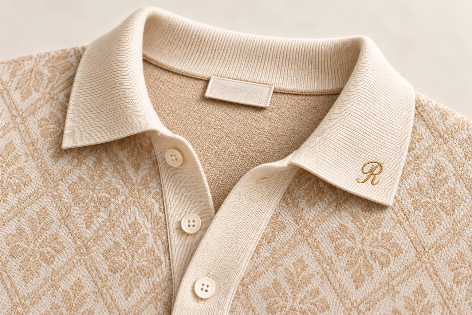 Studio del collo avorio di Querini (S05), con jacquard tonale e R dorata; tre bottoni visibili nello studio, rispetto ai due proposti per il modello.